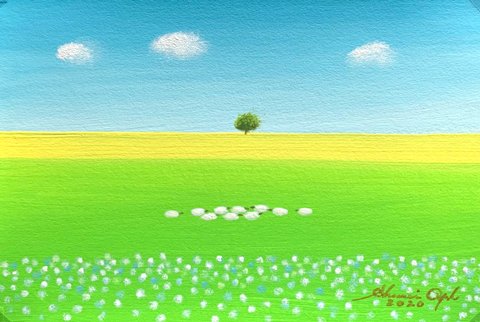 葉祥明 草原のジェイクと小鳥さん アクリル画 原画 葉祥明 草原のジェイク