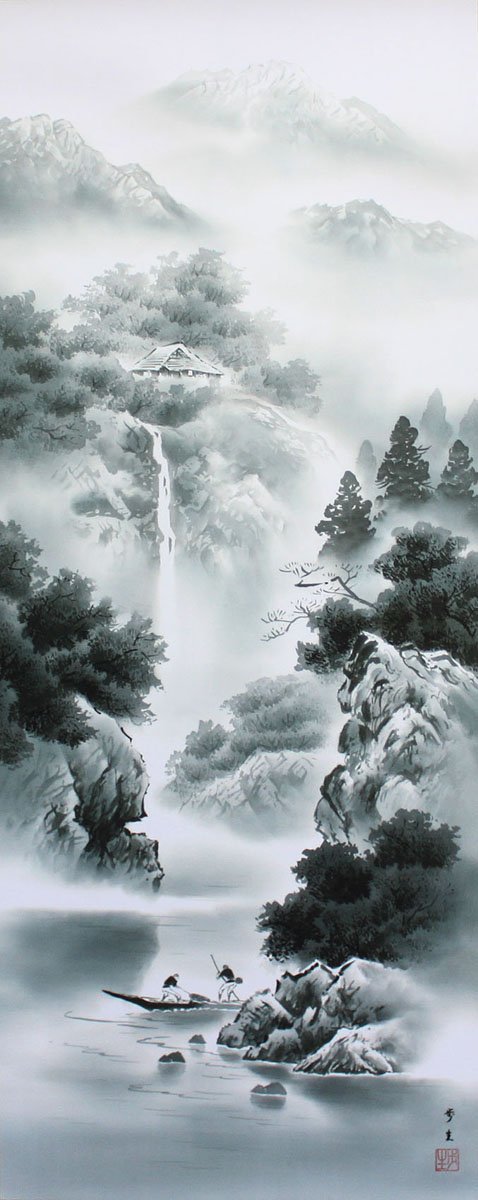 山水画 放浪生涯一美舟】掛軸 水墨画 絵 禅 日本美術 インテリア