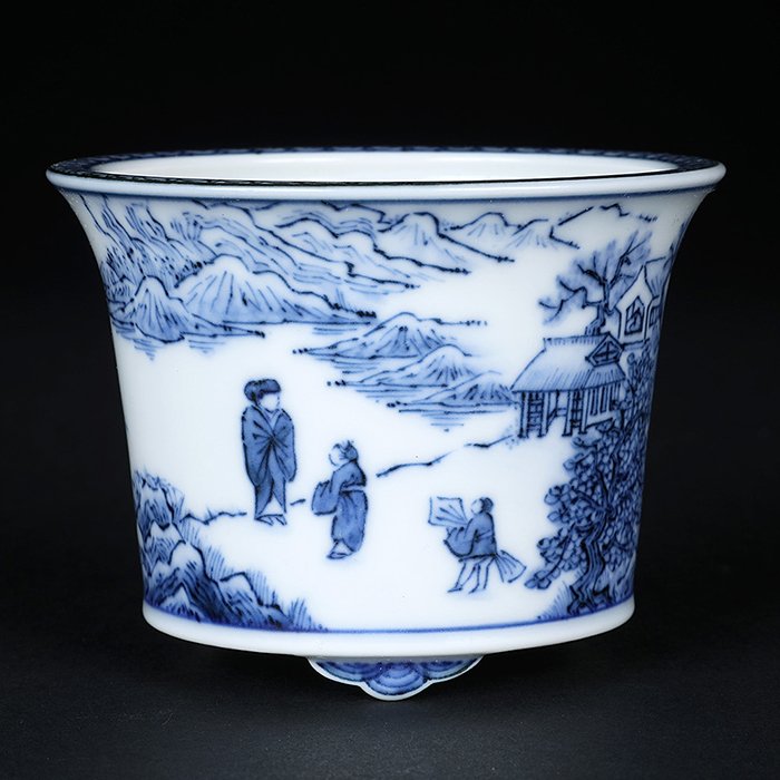 御蔵山作 御蔵山染付人物図 盆栽鉢 和鉢 絵鉢 盆栽