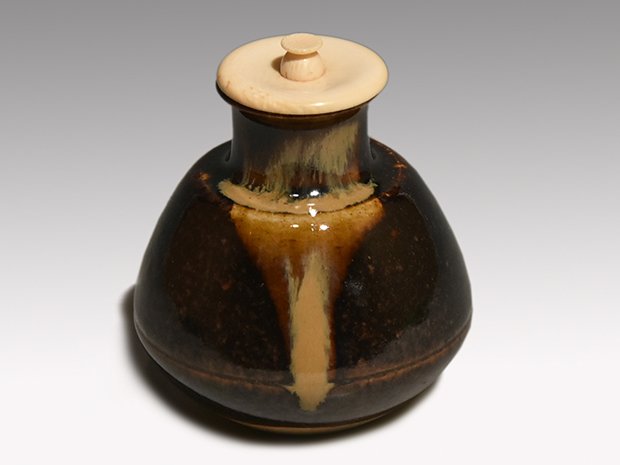 膳所焼 茶入 陽炎園 岩崎新定（作）象牙蓋 仕覆 共箱 | 古美術ささき