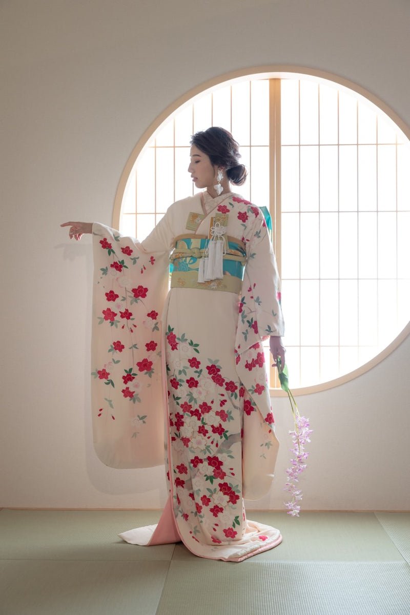 ◎mk-1236 引き振袖 お引きずり 身丈177 ちりめん 絹 8-6 ◎mk-1236