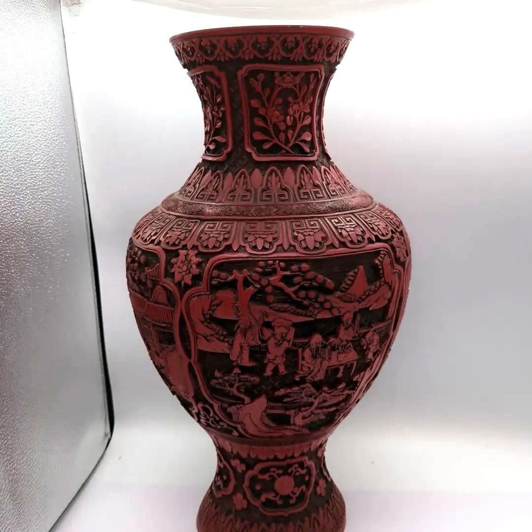 中国 美術 骨董 ベスト 堆朱 壺 赤壺 工芸品 民芸品 彫刻 花柄 花瓶