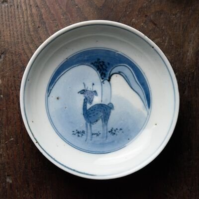 江戸初期中期 藍九谷 古伊万里 染付 花形 変形豆皿 こんにゃく印判 陽刻