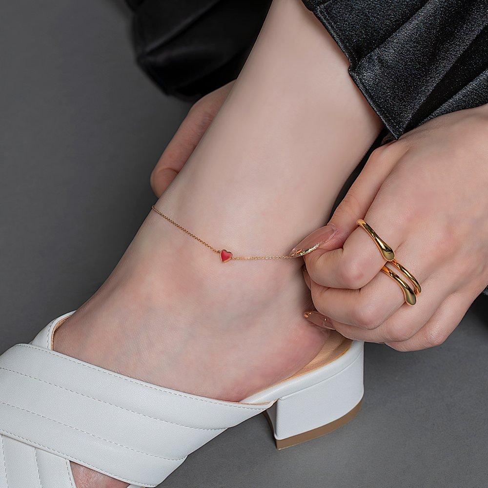K14ハートチャーム付きアンクレットとブレスレット K14ハートチャーム