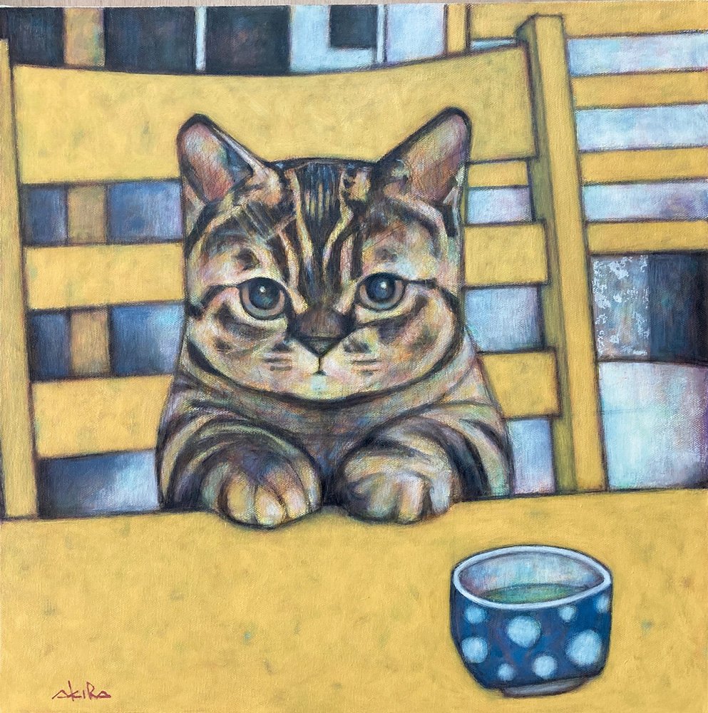 アリカワコウヘイ 原画 アリカワコウヘイ 原画 クレパス画 女の子 ねこ