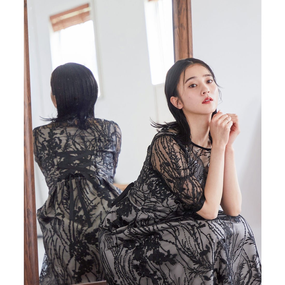 ニアナ niana 総レース バックリボン パーティードレス （ブラック