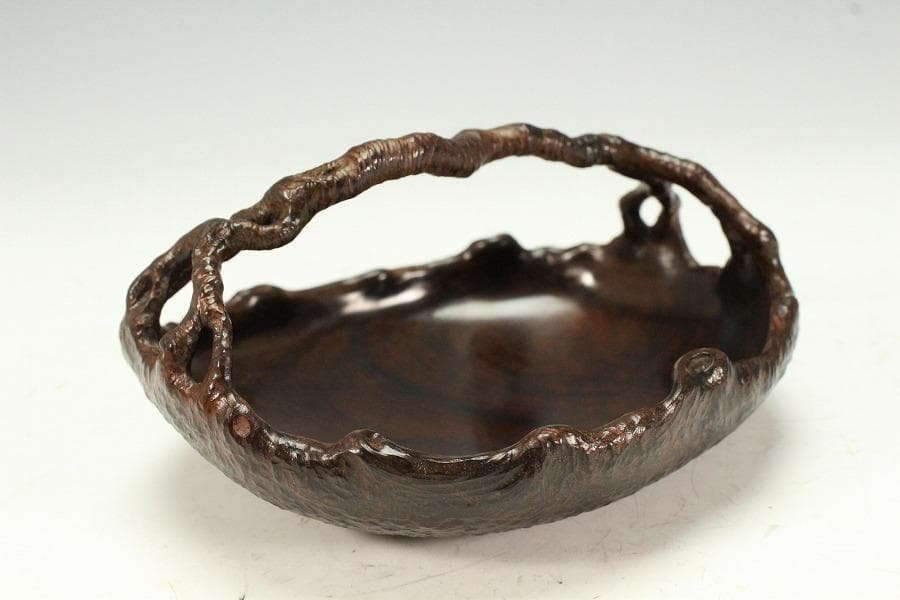 紫檀 刻 手付 皿 13.5cmx12cm 文房四宝(K-HA489)